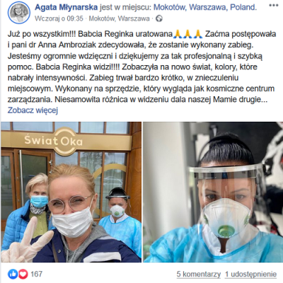 Agata Młynarska pisze na swoim Facebooku o operacji zaćmy w naszym Centrum.